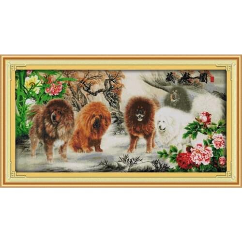 Everlasting Love Peony Tibetan Mastiff Chinese Cross Stitch Kits Ecological Cotton Stamped 14 11CT DIY Gift New Year Decorations