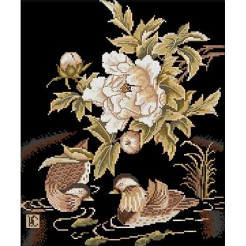 Mandarin duck under the peony flower counted 11CT 14CT DIY Cross Stitch Sets wholesale Cross-stitch Kits Embroidery Needlework