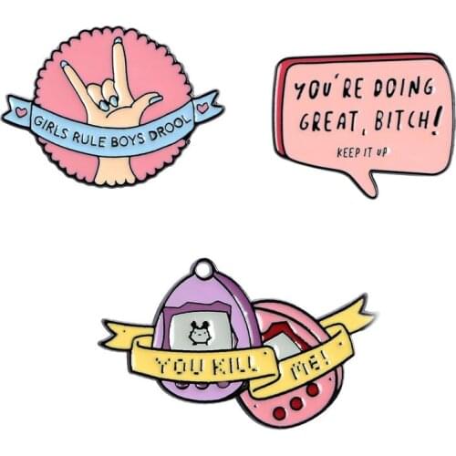 New pink round finger information box letter ribbon game machine creative metal pin button ename brooch lapel clothes jewelry