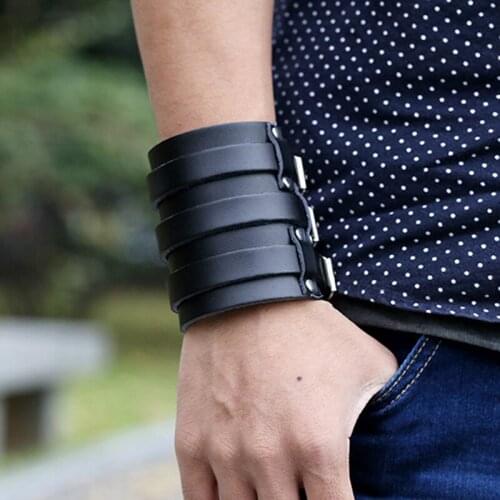 Unisex Fashion Punk Wide Cuff Black Bracelet For Men Women Simple Biker Wristbands Retro Big Leather Belt Bangle Bracelets