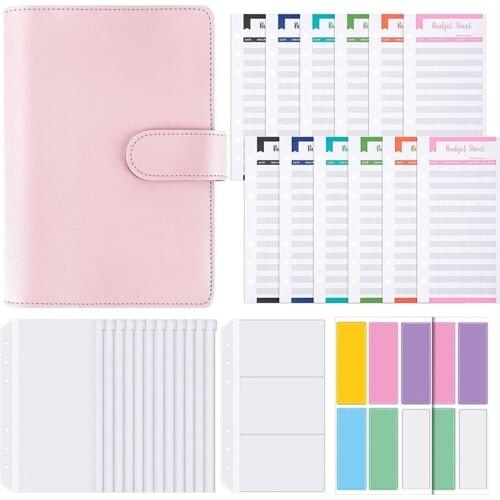 A6 PU Leather Binder Notebook Cover, Waterproof 6-Ring Binder Refillable Notebook with 12 Budget Envelopes System