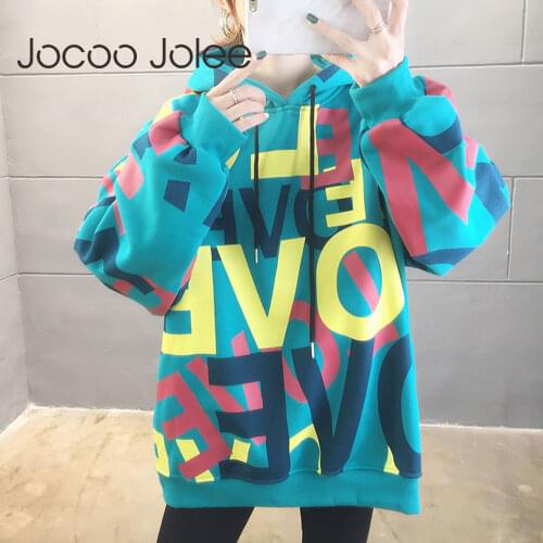 Jocoo Jolee Autumn Korean Chic Loose Hoodies Vintage Graffiti Print Harajuku Hip Hop Sweatshirt Casual All-match Leisure Hoodies