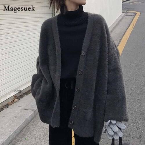 Autumn Loose Vintage Sweater Women Jumper 2021 Winter Long Cardigan Women Sweater V-neck Faux Mink Fleece Knitted Cardigan 11650