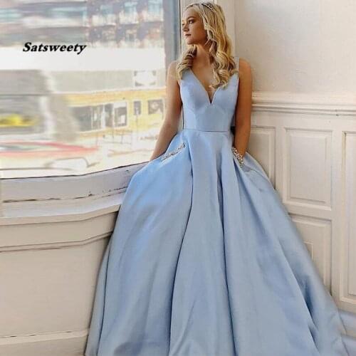 Simple V-Neck Light Sky Blue Prom Dresses With Pockets A-line Special Occasion Gowns Women Formal Long Evening Celebrity Dresses