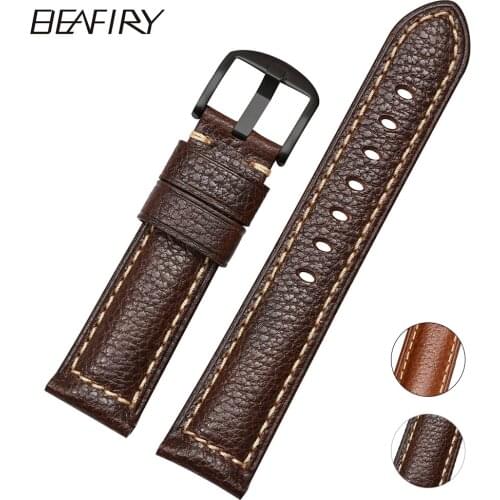 BEAFIRY New Fashion 20mm 22mm 24mm Wristband Men Women Bracelet Watchbands Handmade Cowhide Leather Watch Band Strap Brown Belt