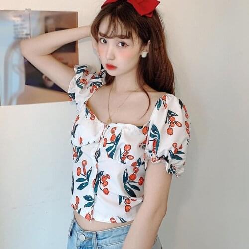 Vintage Style Floral Print Blouse Fashion Sweet Slim Ruffles Shirt Summer New Square Collar Puff Sleeve Crop Tops For Women