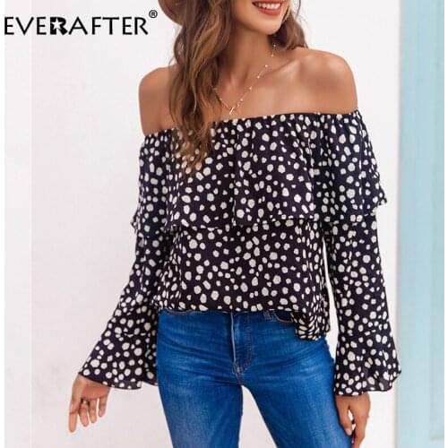 EVERAFTER Sexy off shoulder polka dot women blouse shirts casual office lady work wear tops tee Autumn chic ruffles black blouse