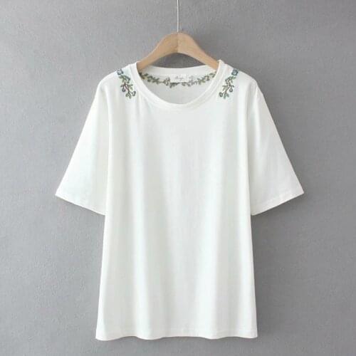 Women tunic plus size 2021 Casual Summer women tops O-Neck Short Sleeve Embroidery cotton Woman T-shirts white cream color
