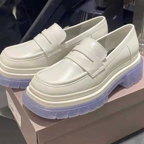 2021 Autumn And Winter New Womens Shoes Fashion Square Toe Loafers Ladies Contrast Color Platform Casual Shoes White Flat Shoes