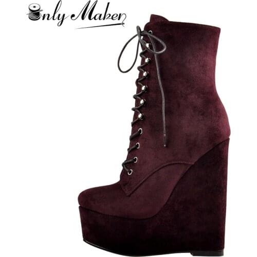 Onlymaker Womens Burgundy Round Toe Lace-up Wedge High Heels Ankle Boots Suede 2020 Fashion Winter New Booties Big Size US5~15