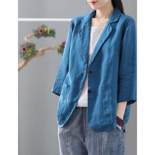 Female Vintage Coat Casual Suit Thin Short Jacket Linen Three Quarter Sleeve Loose Cardigan Top Women Summer 2021