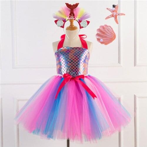 Girls Mermaid Tutu Dress Princess Birthday Party Dresses For Girls Starfish hairpin Halloween Cosplay Kids Mermaid Costume 2-12Y