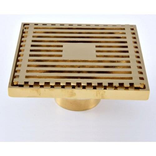 Gold Color Brass Carved Flower Pattern Bathroom Shower Drain 4" Square Floor Drain Waste Grates Bathroom Accessory mhr070