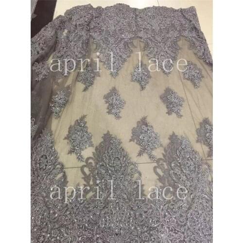 5yards /lot st006 # cord sequin pearls grey color hand made embroidery tulle mesh lace fabric for sawing bridal wedding