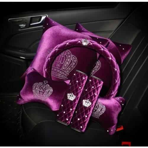 Purple Diamond Crystal Crown Series Car Inerior Accessories Plush Fur Auto Steering Wheel Covers Headrest Seatbelt Shifter Cover
