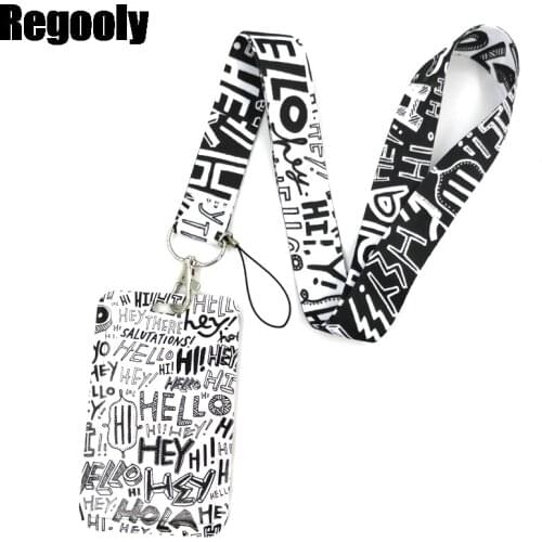 White Hello Hey Funny Letters Lanyard Credit Card ID Holder Bag Student Women Travel Card Cover Badge Car Keychain Decorations