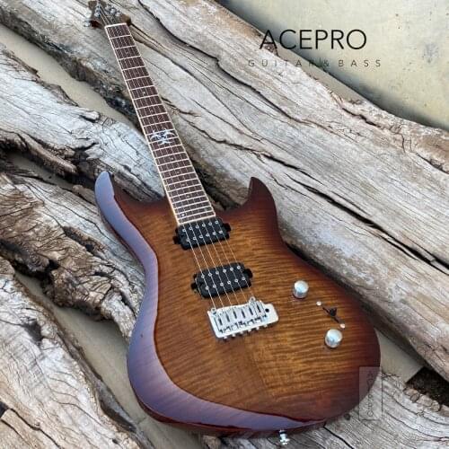 Acepro Flame Maple Brown color Electric Guitar, Wilkinson Bridge, Wooden Binding, High Power Ceramic Pickups, Chrome Hardware