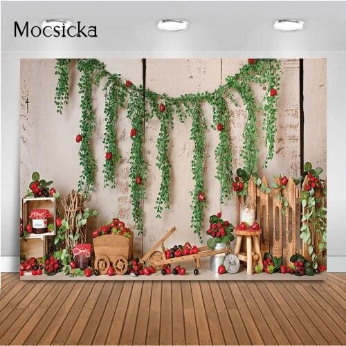 Newborn Kids Portrait Backdrop for Photography Studio Strawberry Theme Birthday Party Decorations Supplies Green Leaves Props