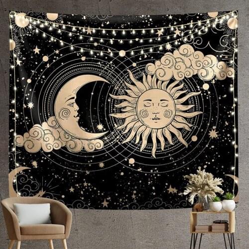 Sun And Moon Tapestry Aesthetic Psychedelic Sun And Moon Black Tapestry Wall Hanging For Room Decor - 130X150cm