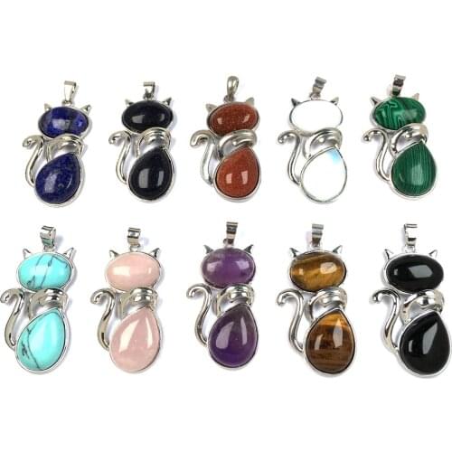 Natural Cat Shaped Semi-precious Stone Pendants Charms Pendants for Jewelry Making DIY Fit Necklaces Size 25x45mm