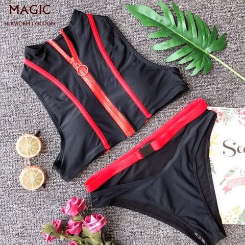 High Quality Zipper Bikini Set New Womens Swimming Suit Sexy High Waist Swimsuit Bathing Suit Push Up Swimwear Beachwear Black