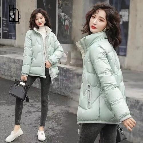 Womens Short Cotton-padded Jacket Shiny Cotton Down Padded Pocket Keep Warm Jacket Korean Style Loose Stand Collar Thick Coat