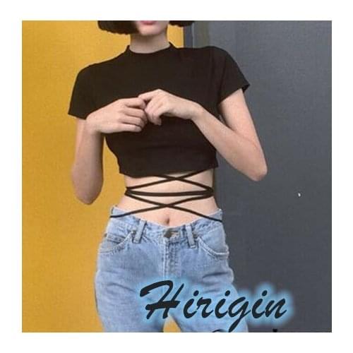 Summer Crop Tops Sexy Women Short Sleeve Slim O Neck Bandage Fitness Black Shirts Gothic Cotton Crop Top Womens Clothing