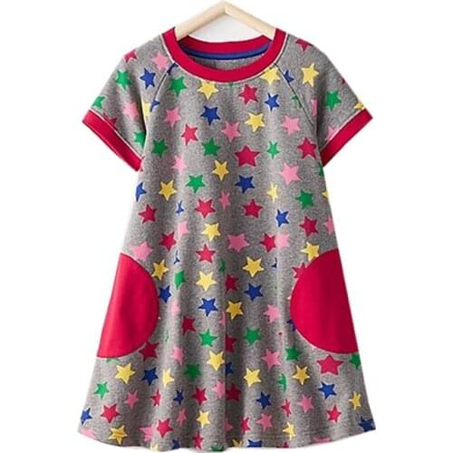 Little Maven Brand New Summer Kids Lovely Short Colorful Stars Grey O-neck Kintted Cotton Girls Fashion Dresses
