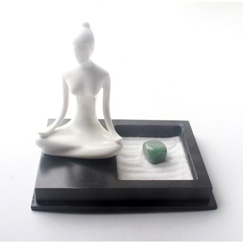 Tabletop Meditation Sand Zen Garden - Desktop Meditating Mini Zen Garden with statue, sand and tray