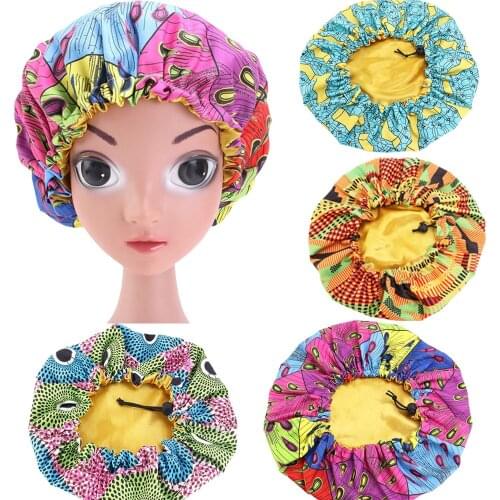New Kids Girls Large Sleep Cap Print Hair Bonnet Satin Sleep Cap Night Sleep Hat Ladies Turban Chemo Elastic Headwear Nightcap