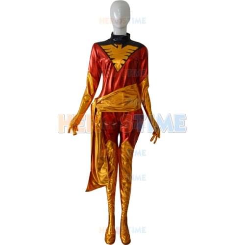 New X-men red dark Phoenix Costume Shiny metallic full body Superhero Jean Grey Costume halloween Cosplay Costume free shipping