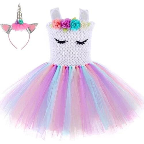 Girls Unicorn Dress Costume Rainbow Tutu Princess Cosplay Birthday Party Dress Children Kids Halloween Carnival Unicorn Clothes