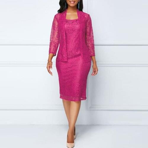 On Sale Graceful Hot Pink Lace Jewel Neck Sleeveless Mother of the Bride Dresses With Jacket Wedding Guest Gowns Knee Length