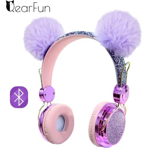 Luxury Diamond Cute Wireless Headphone With Mic Girl Kid Bluetooth 5.0 Earphone With Hairball Music Stereo Helmet For Child Gift