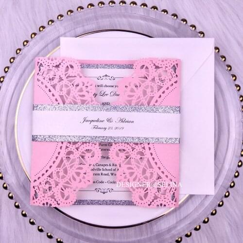 Pink Laser Cut Wedding Invitation Kit with Silver Bottom and Glitter Belt 20+Color Invites for Quinceaner Birthday Graduation