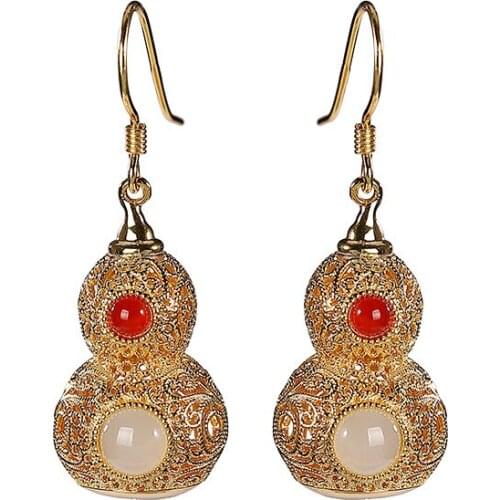 S925 sterling silver gold-plated Hetian jade earrings vintage cloisonne fu character gourd women ear hook eardrop earring