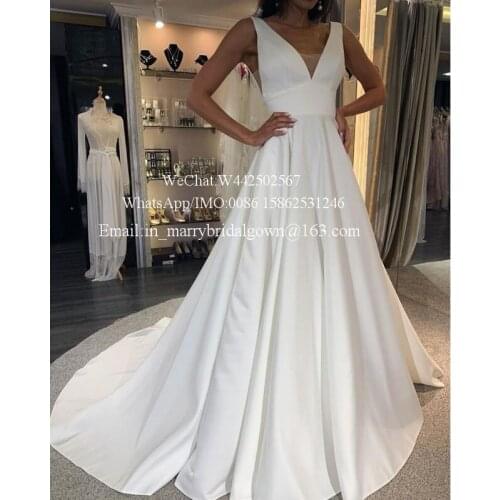 Modest Backless Plus Size Wedding Dresses 2020 A Line V Neck Cheap Long Satin Boho Greek Style Bridal Gowns Vestio De Novia