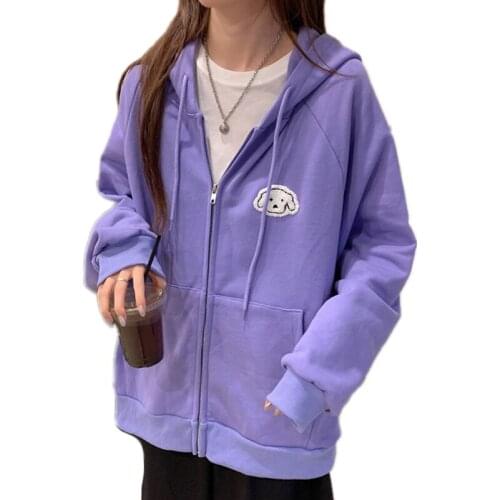 Harajuku Zip-up Hoodie Female Cute Cartoon Furry Puppy Embroidery Hooded Sweatshirt Japanese Preppy Kawaii Raglan Sleeve Outwear