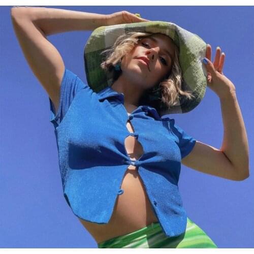 Turn Down Collar Buttons Casual T Shirt Women Blue Orange Green Short Sleeve Crop Top 2021 New Summer Girls y2k Tops Streetwear