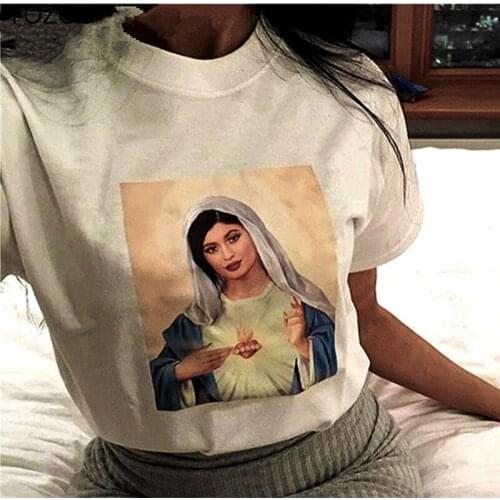 Harajuku Summer Retro Cotton White T-Shirt Print Religion Women Oversize Graphic Short Sleeve Tees O Neck Loose Plus Size