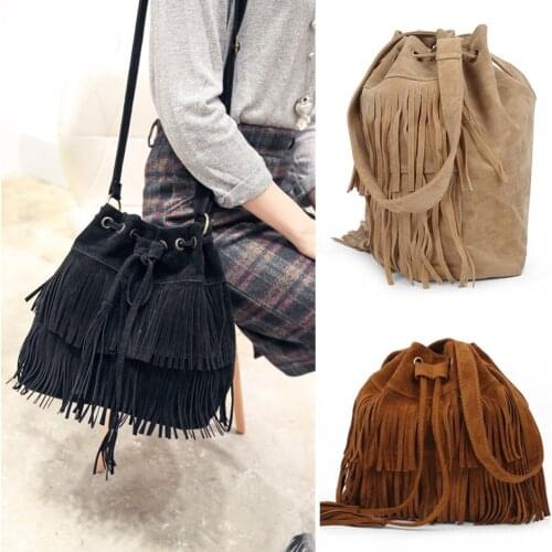 Retro Faux Suede Tassel Fringed Crossbody Bags for Women Vintage Bucket Shoulder Bag Messenger Bag for Ladies Bolsos Mujer
