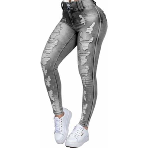 Vintage High Waist Ripped Jeans Pant for Women Hole Pencil Pants Blue Black Grey Streetwear Plus Size 5XL 6XL Ladies Jeans