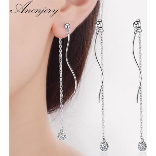 ANENJERY 925 Sterling Silver Zircon Earrings After Hanging Wave Long Tassel Earrings For Women oorbellen S-E544