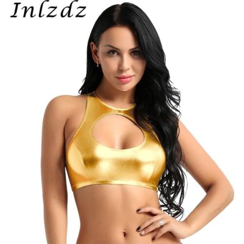 Women Pole Dance Crop Tops Summer Shiny Soft Leather Rave Clothes Sleeveless Round Neck Cut Out Crop Tops Swim Top Dancewear