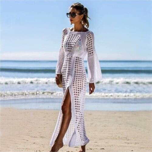 2021 Women Crochet Swimsuit Bikini Cover Up Long Sleeve Kaftan Beach Tunic Knit Sexy Dress Summer Robe White High Split Vestido