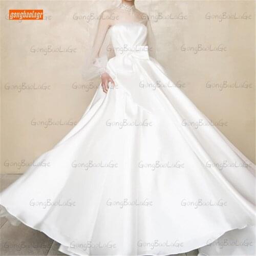 Fashion White Wedding dresses 2021 Long Puff Sleeves Bridal Gowns Custom Made vestido de noiva High Neck Satin suknie slubne New