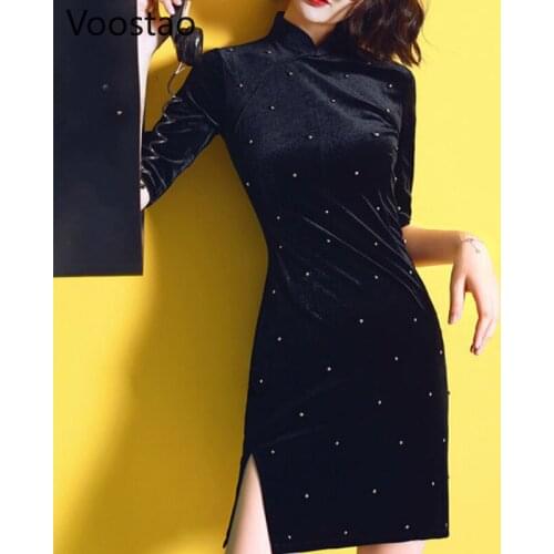 Chinese Style Dress For Women Elegant Vintage Gothic Black Velvet Cheongsam Dress Vestidos Girly Sexy Half Sleeve Slit Dresses