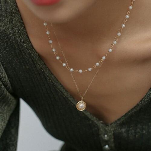 Folded belt double-layer pearl necklace feminine temperament simple and fashionable choker clavicle chain necklace