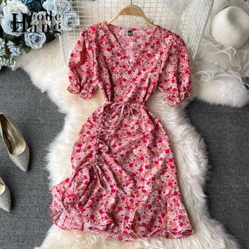 HangCode Ins Fashion Package Hips Summer Dress Women V-neck Floral Print Adjustable Ruched Ruffled Mini Dress Korean Vestidos
