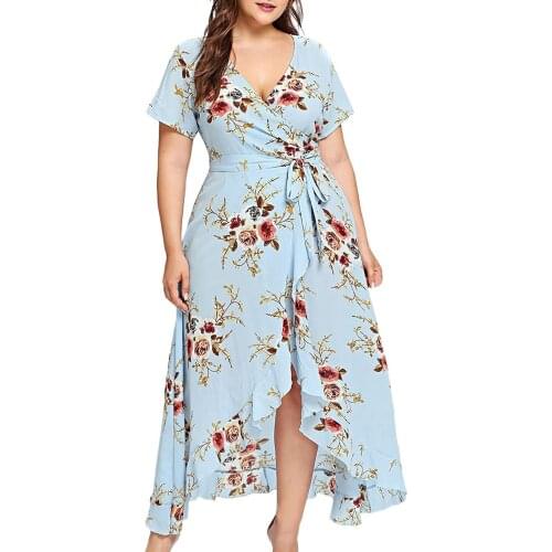 Plus Size Maxi Dresses For Women 2021 Womens Casual High Waist Belly Concealing V-neck Print Beach Dresses Vestidos Mujer